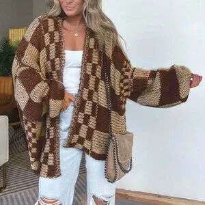 Khaki Checkered Women's Oversized Knitted Cardigan